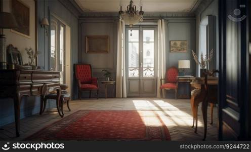 Design of a cozy living room interior in a modern French style. AI generated. Luxury apartment wallpaper.. Design of a cozy living room interior in a modern French style. AI generated.