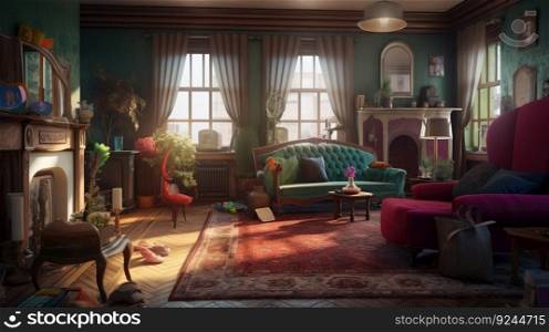 Design of a cozy living room interior in a modern kitsch style. AI generated. Luxury apartment wallpaper.. Design of a cozy living room interior in a modern kitsch style. AI generated.