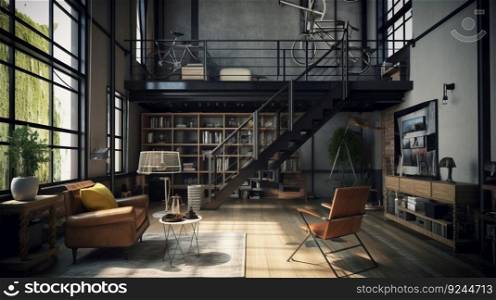 Design of a cozy living room interior in a modern loft style. AI generated. Luxury apartment wallpaper.. Design of a cozy living room interior in a modern loft style. AI generated.