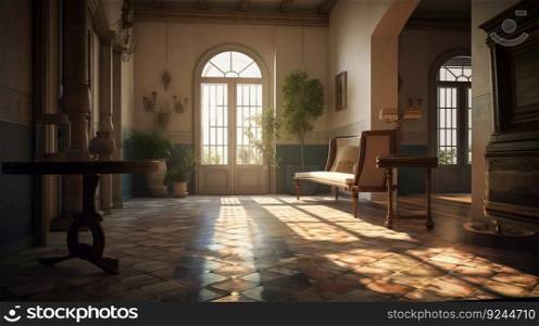 Design of a cozy living room interior in a modern mediterranean style. AI generated. Luxury apartment wallpaper.. Design of a cozy living room interior in a modern mediterranean style. AI generated.