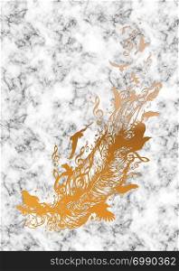 Design of a golden feather silhouette with birds and music notes over marble.
