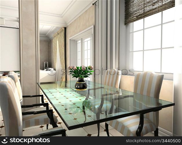Design of classic interior. dinner room. 3D render.