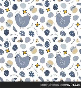 design of pattern of Easter symbols in blue color on white isolated background. Seamless background for Easter celebration