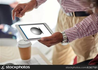 design, people and technology concept - designer with image of sphere on tablet pc screen at office. designer with image on tablet pc screen at office