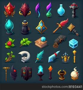 design rpg 2d game icons ai generated. fantasy ui, gold interface, object effect design rpg 2d game icons illustration. design rpg 2d game icons ai generated