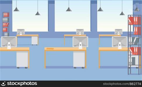 Design Studio, Web Developing Company, Educational Startup, Coworking Business Center Roomy Office Space Empty Interior with Big Windows, Binders on Racks and Monitors Desks Flat Vector Illustration