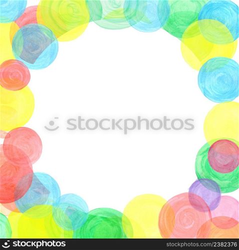 Design template decorated with rainbow confetti. Colorful watercolor dots border frame. Vintage watercolor spot background. Watercolor abstract pattern background