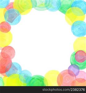 Design template decorated with rainbow confetti. Colorful watercolor dots border frame. Vintage watercolor spot background. Watercolor abstract pattern background