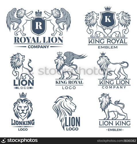 Design template of logos or badges with lions illustrations. Vector king lion logo, wild badge leo brand of set. Design template of logos or badges with lions illustrations