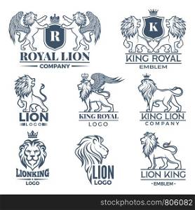 Design template of logos or badges with lions illustrations. Vector king lion logo, wild badge leo brand of set. Design template of logos or badges with lions illustrations