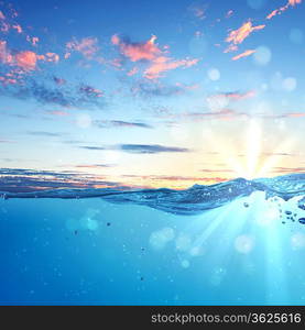 design template with underwater part and sunset skylight splitted by waterline