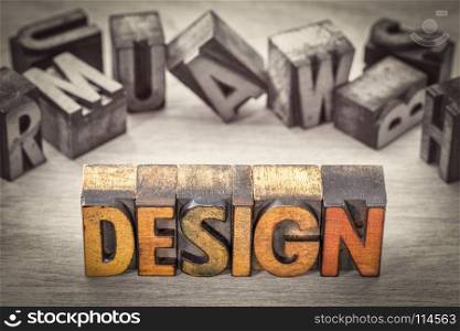 design - word abstract in vintage letterpress wood type printing blocks, color combined with black and white image