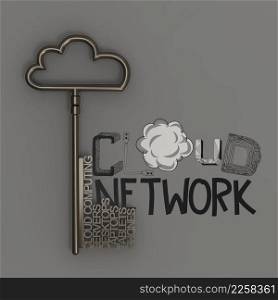 design word CLOUD NETWORK  with metallic cloud and the key as concept