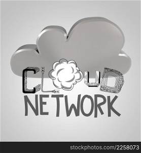 design word hand drawn CLOUD NETWORK and 3d meatlic cloud sign  as concept