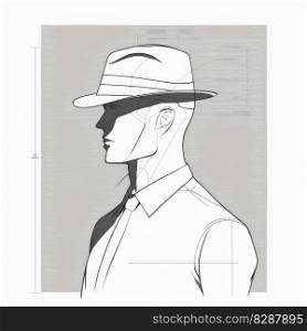 Designed graphic of drawing and contouring pattern in wearing hat man. Concept of smart trendy dramatic western characteristic profile isolated on plain background. Finest generative AI.. Designed graphic of drawing and contouring pattern in wearing hat man.