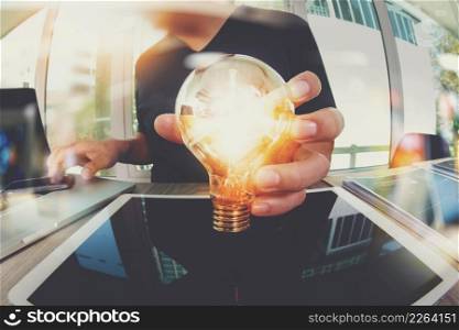 designer hand showing creative business strategy with light bulb as concept