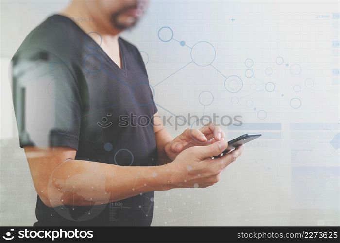 Designer hand using smart phone for mobile payments online shopping,omni channel,on white background,digital screen graphic virtual icons,graph,diagram
