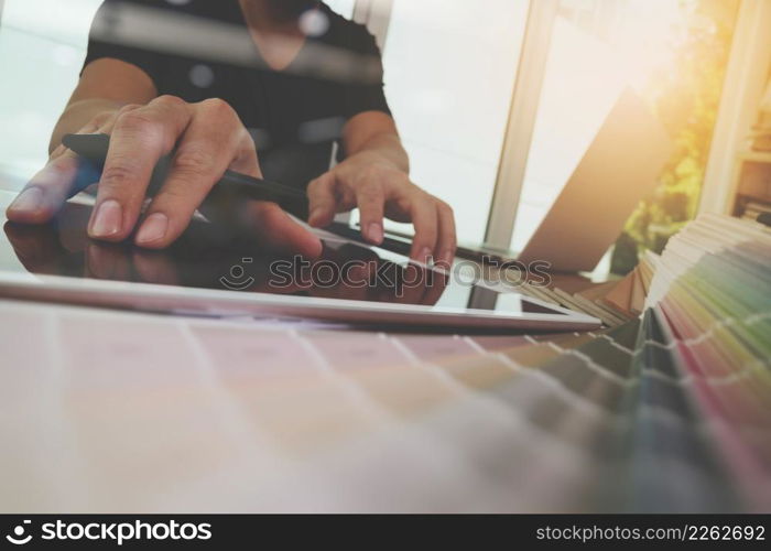 Designer hand working with laptop computer and smarth phone and digital tablet on wooden desk as responsive web design concept