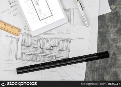 Designer makes a kitchen blueprint according to the drawing of an architectural project. Designer makes a kitchen blueprint according to the drawing
