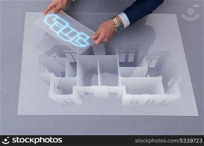 Designer working on 3d futuristic apartment design