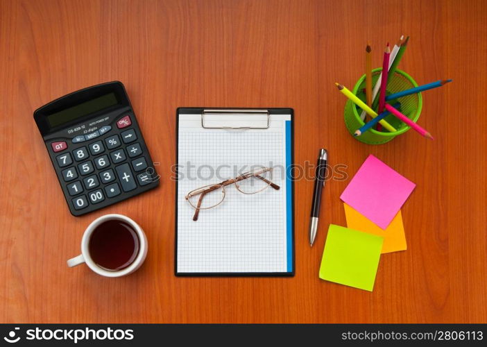 Desk top with many items