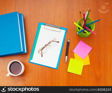 Desk top with many items