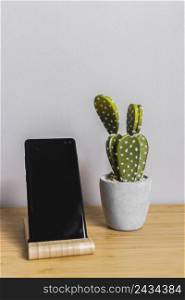desk with black smartphone cactus plant