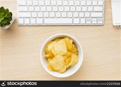 desk with potato chips bowl