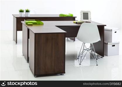 desks and armchairs with reflection on white background