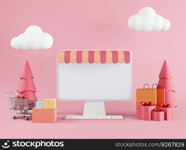 Desktop computer and gift shop in 3d style