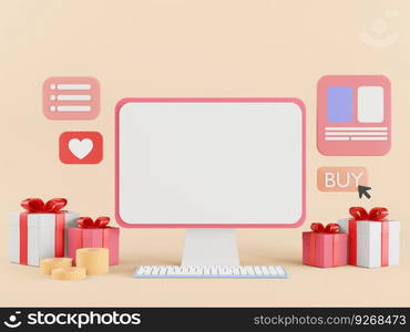 Desktop computer and gift shop in 3d style