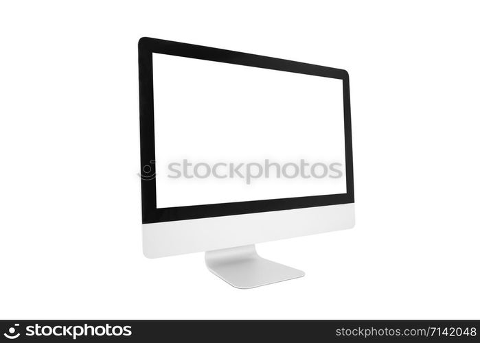 Desktop computer modern style with simplicity blank screen isolated on white background, monitor wide screen for work of business, hardware computer, object and technology electronic concept.