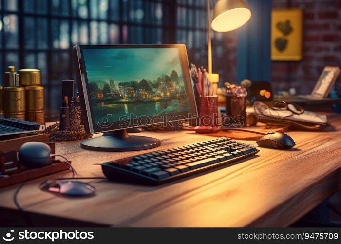 Desktop computer on a desk. Generative AI