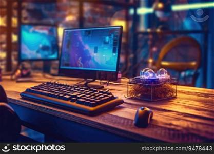 Desktop computer on a desk. Generative AI