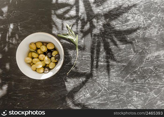 desktop with plate with olives branch