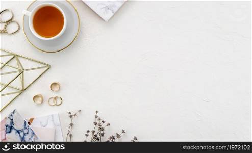 desktop with tea cup. High resolution photo. desktop with tea cup. High quality photo
