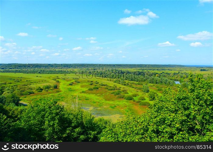 Desna River with its marshy surroundings. view to Desna River with its marshy surroundings from a bird's eye view