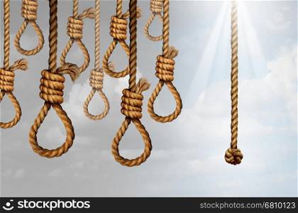Despair and hope concept as a group of deadly hanging noose knots representing desperate suicidal psychological misery with one individual straight rope as a positive helpful liberation symbol.