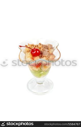 dessert from different fruit and cream on white