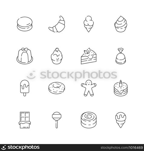 Dessert icon. Chocolate candy jelly cakes ice cream party delicious food vector thin line icon. Illustration of candy and chocolate, dessert and cake. Dessert icon. Chocolate candy jelly cakes ice cream party delicious food vector thin line icon
