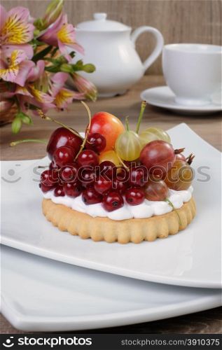 Dessert of sand tarts with whipped cream and fresh fruit