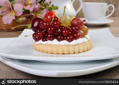 Dessert of sand tarts with whipped cream and fresh fruit