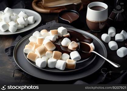 dessert plate with hot chocolate sauce and marshmallows for topping, created with generative ai. dessert plate with hot chocolate sauce and marshmallows for topping