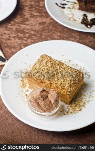 Dessert set of cake and ice-cream at plate