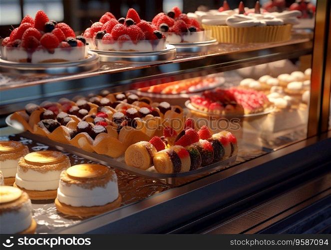Dessert shop showcase with pastries and cakes.AI generative