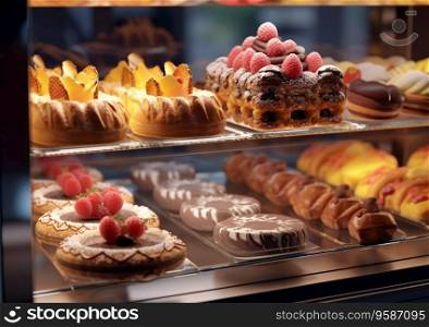 Dessert shop showcase with pastries and cakes.AI generative