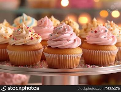Dessert stand with cupcakes with pink sweet cream.AI Generative