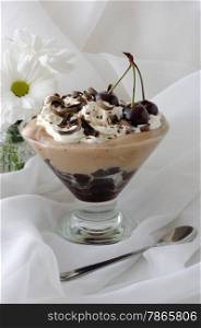 Dessert with cherries and whipped cream