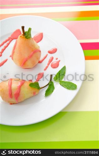 Dessert with pear in sauce