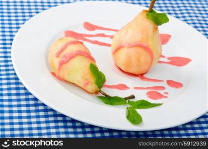 Dessert with pear in sauce